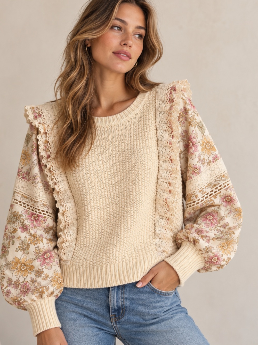 Anthropologie Floral Sleeve Ruffle Knit Sweater Cream Size S